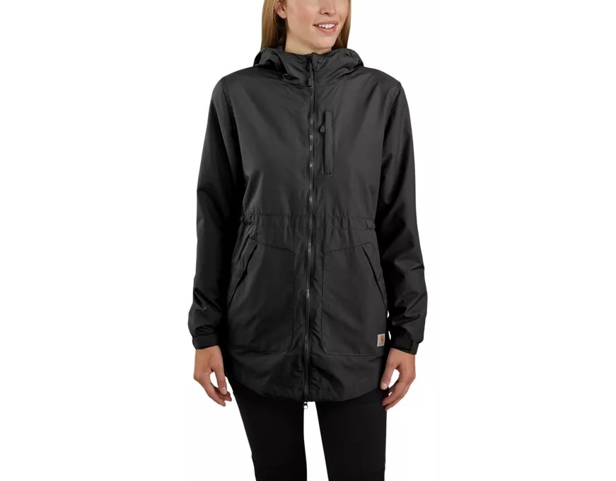 model wearing the black rain jacket
