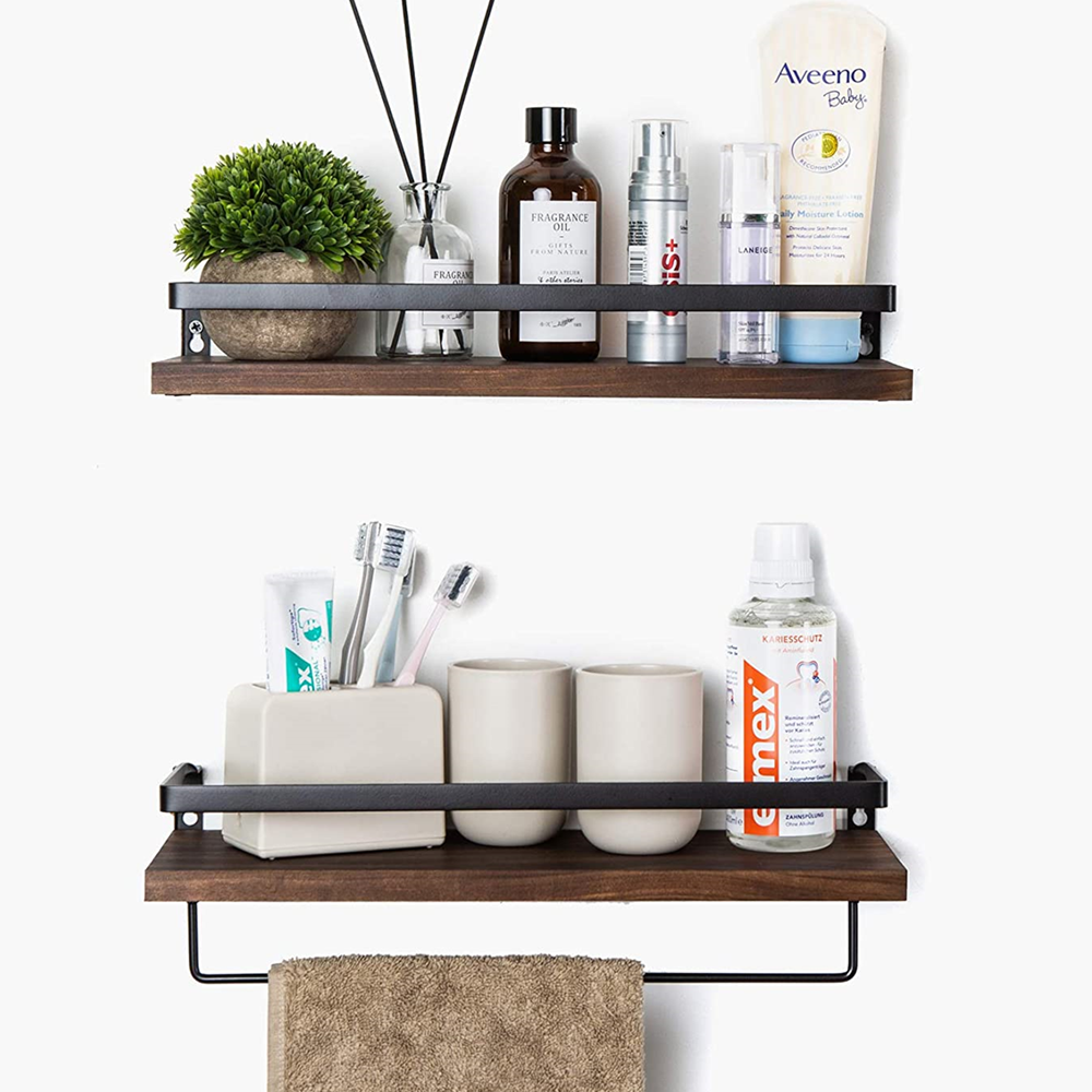 the two wooden floating shelves