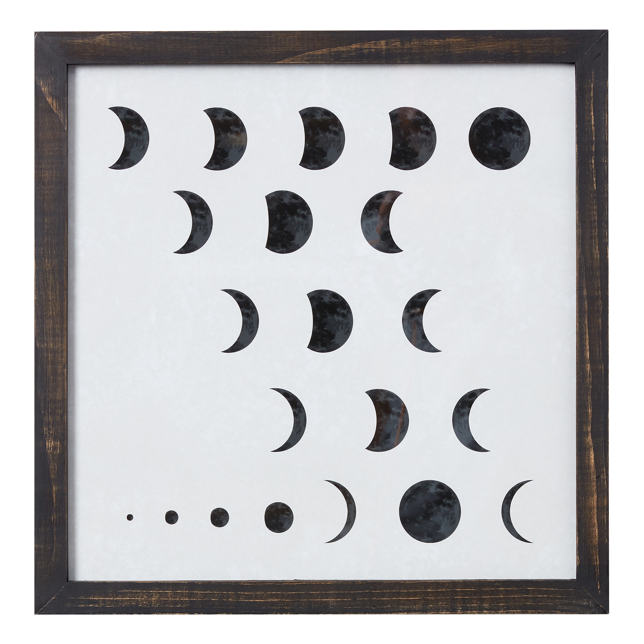The wall art, featuring different moon phases, in the included dark wooden frame