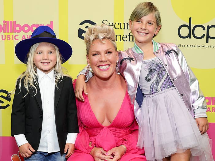 Pink poses with her daughter and son on the red carpet