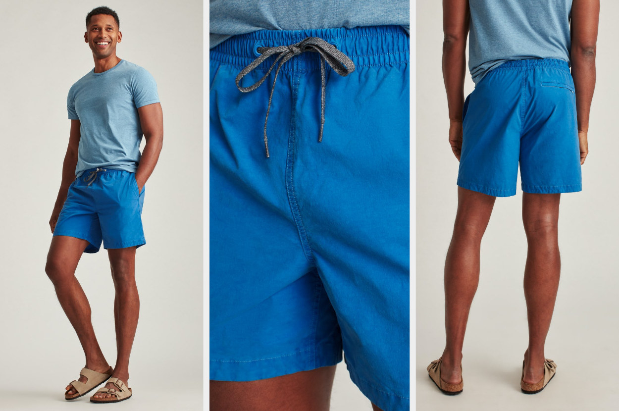 Triptych image of a model front and back of model wearing blue shorts that hit at mid-thigh and a close up of the elastic waist band and tie