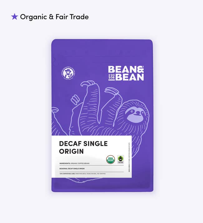 a purple bag of decaf coffee