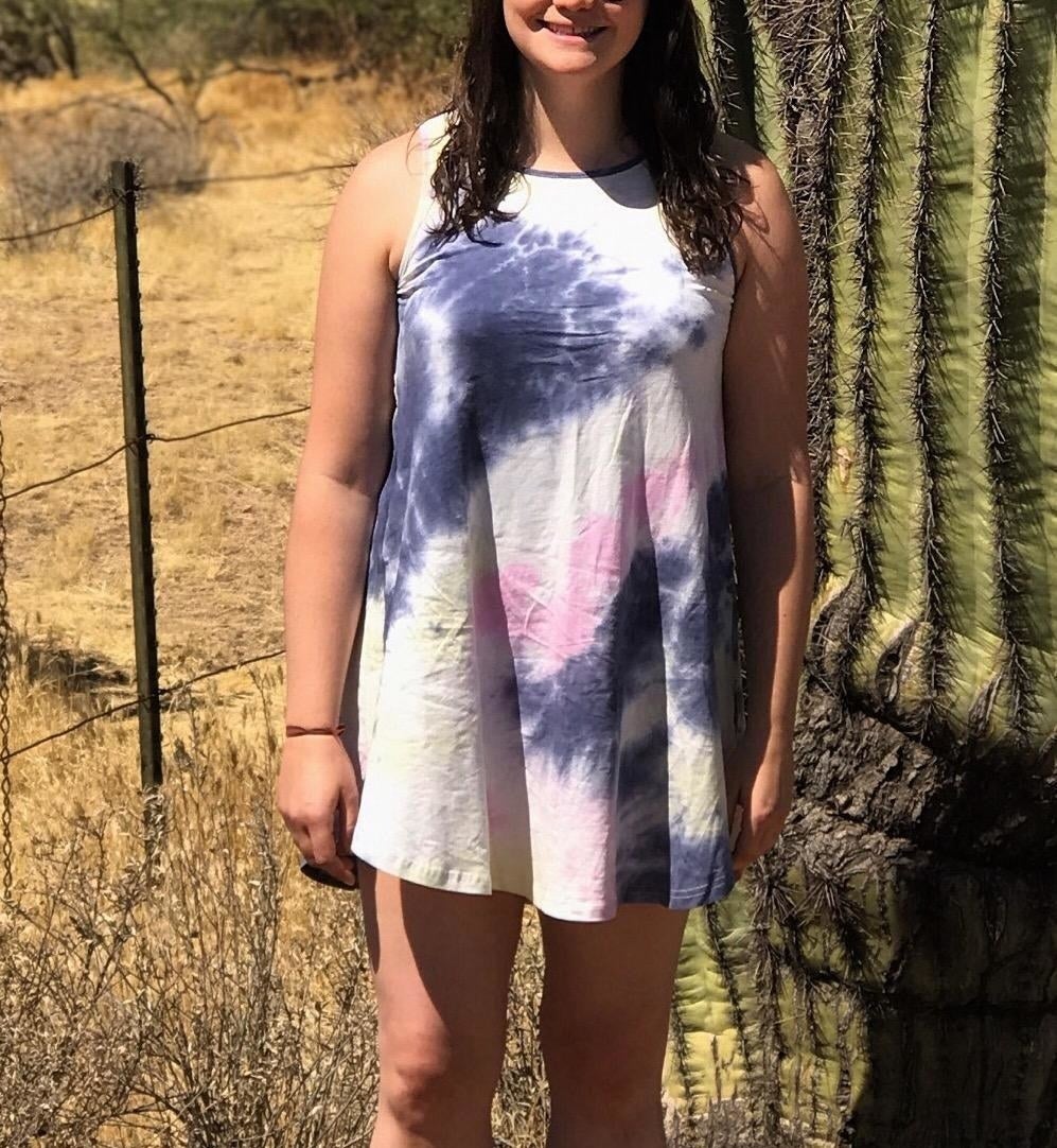 A reviewer photo of the dress in tie dye