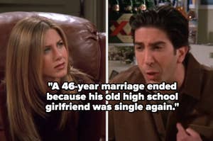 A side by side photo of Rachel sitting in a chair and Ross yelling at her from "Friends"
