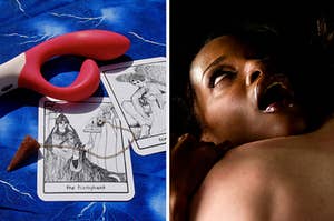 side-by-side image of a sex toy on a tarot card and an orgasm face model