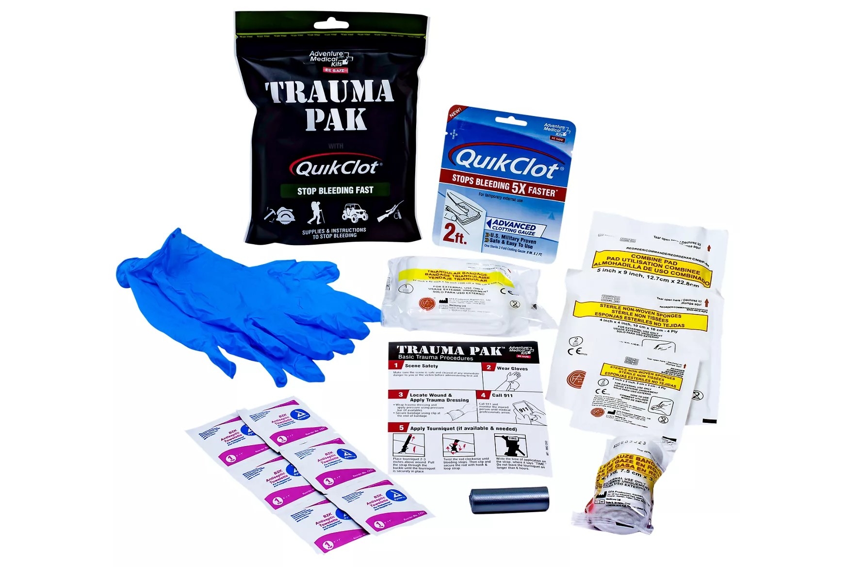 the trauma pack with gloves, quick clot, sterile wipes, gauze, bandage, trauma pad, and duct tape