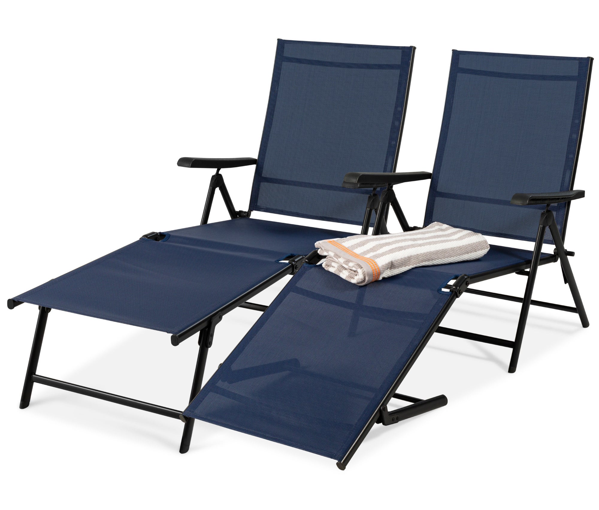 a pair of black and navy mesh lounge chairs with one of the foot rests folded down 