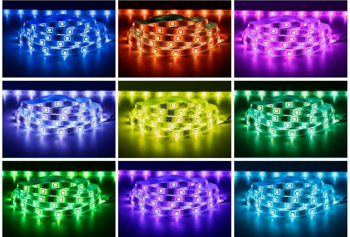 Nine pictures of the lights set to a variety of colors