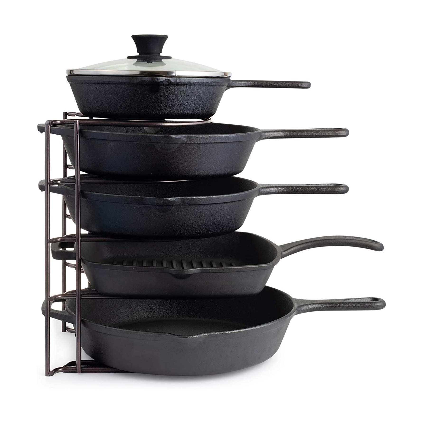 five cast iron pans; one on each tier of the cuisinel pan organizer