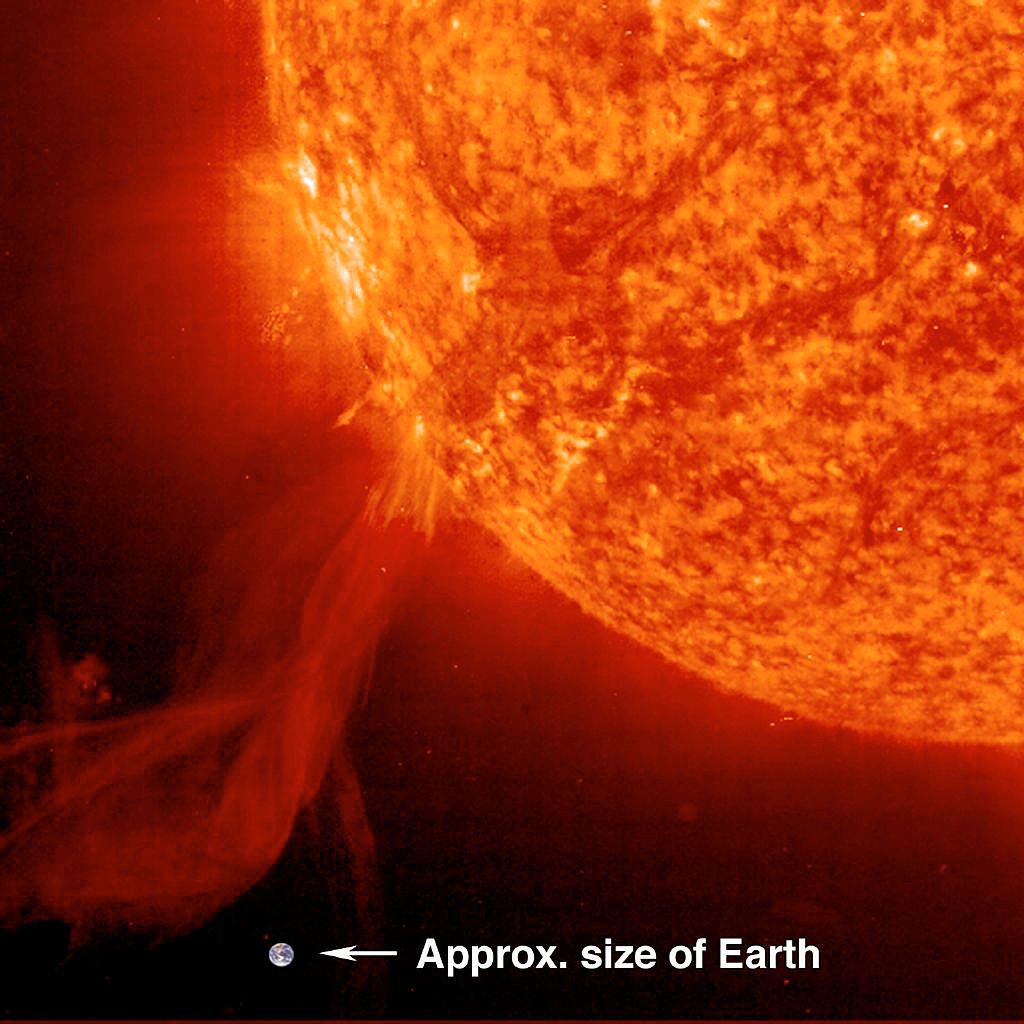 A massive solar flare coming off the sun and the size of the earth (tiny) for scale