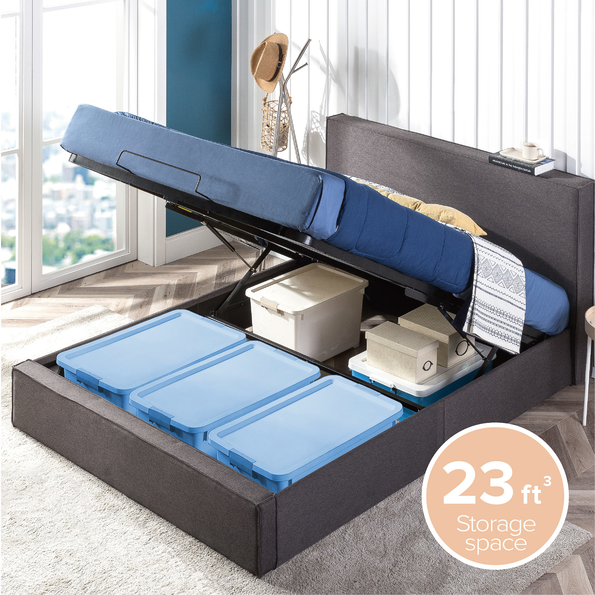the bed with the mattress lifted to show the 23 cubed feet of storage space beneath