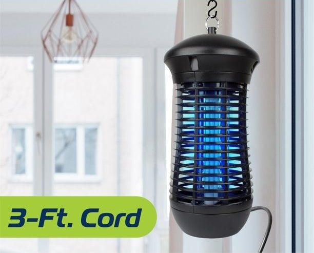 a hanging bug zapper lantern with text reading &quot;three foot cord&quot; 