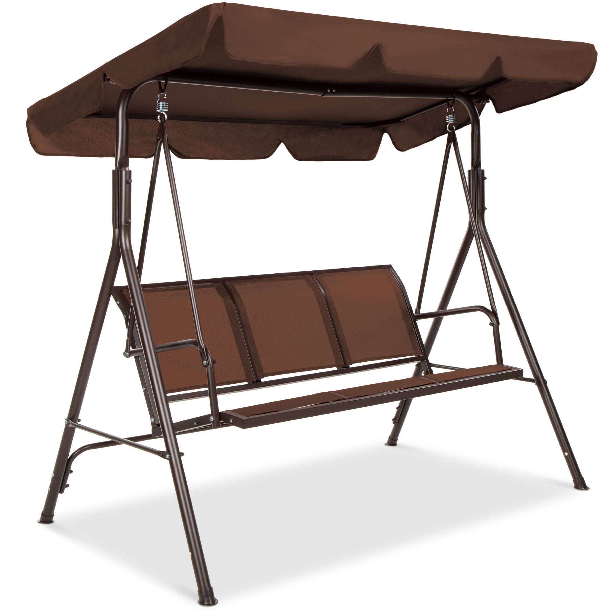 a brown three-person swing seat with an attached awning 