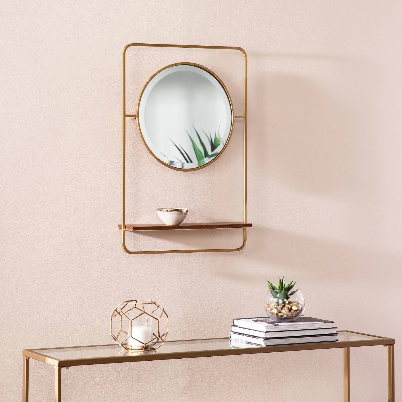 Gold rectangular  frame circular mirror and  small shelf