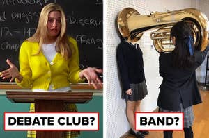 Left: Cher in Clueless participating in a debate; Right: A school girl holding a tuba towards another girl's head