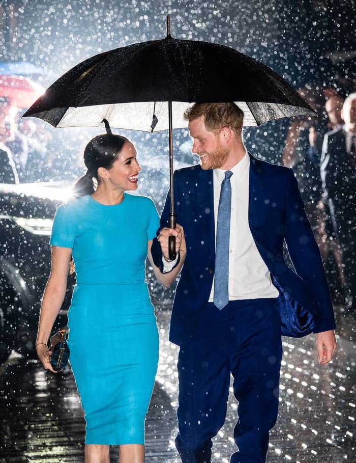 梅根·拟人化和哈里王子在一把伞下走在一起