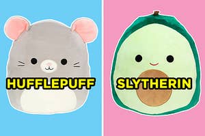 On the left, Misty the mouse Squishmallow labeled "Hufflepuff," and on the right, Austin the avocado Squishmallow labeled "Slytherin"