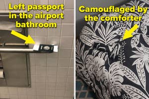 A passport left in the airport bathroom, and a drill camouflaged by a bed comforter