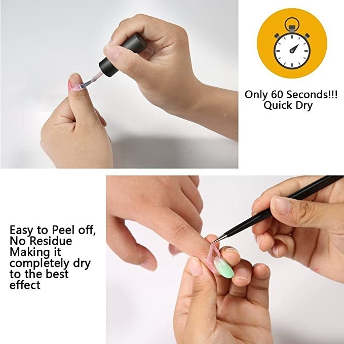 A set of two pictures showing that you can apply the latex peel off nail paint around your nail before applying the actual nail paint and peel the latex off after.