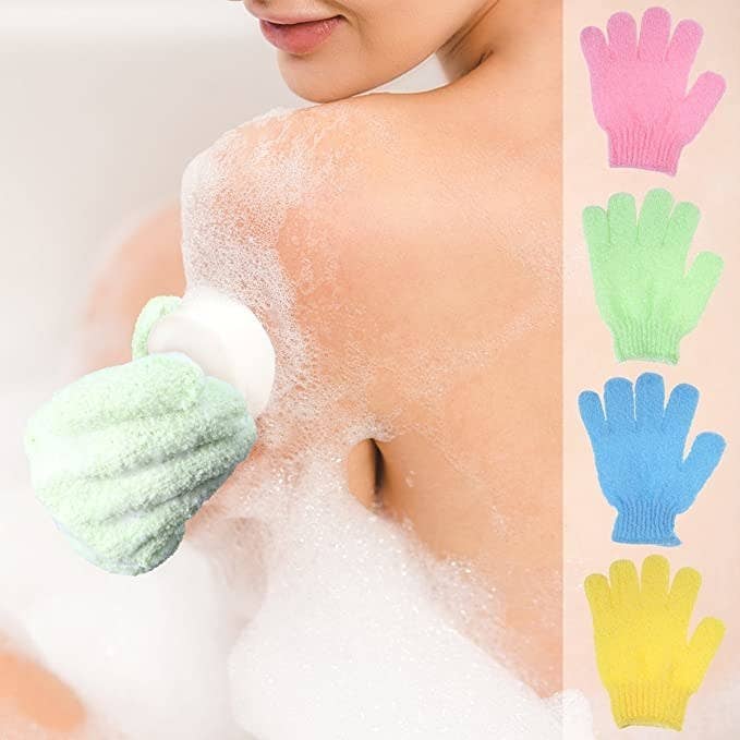 A person using exfoliating gloves while showering.