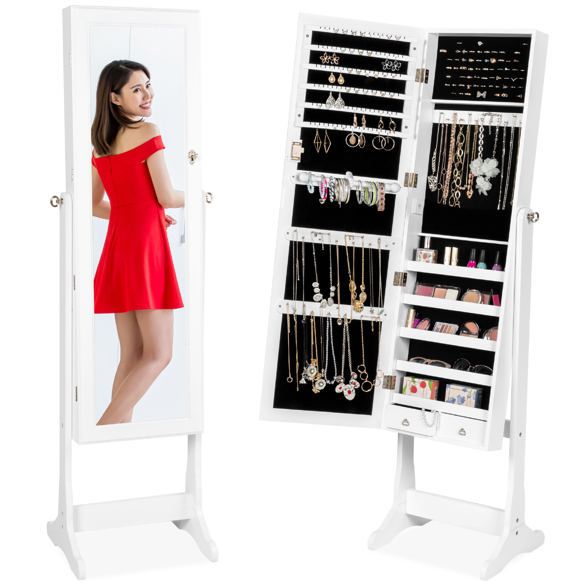 the white mirror open showing all the available storage and closed with a model standing in front