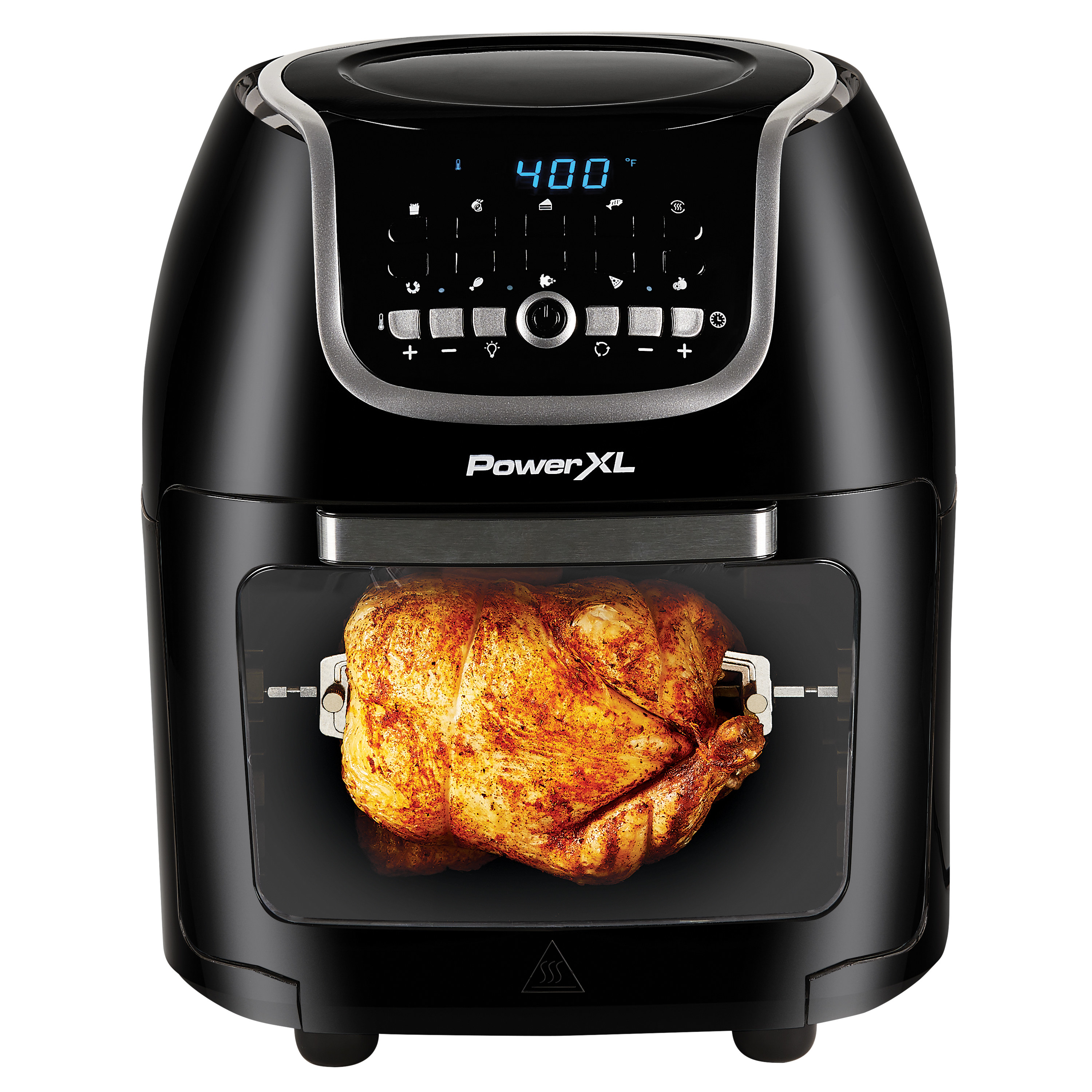 the air fryer with a chicken in the center