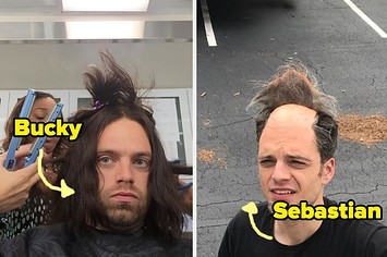 Side by side photos of Sebastian Stan with long hair and a bald wig cap