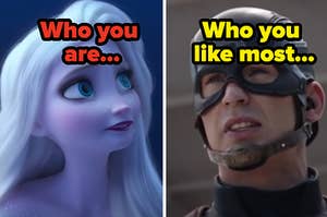 Elsa is on the left labeled, "Who you are..." with Captain America on the right labeled, "Who you like most..."