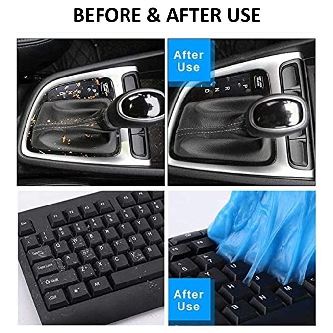 A collage showing that you can use the cleaning jelly to clean car interiors and keyboards.