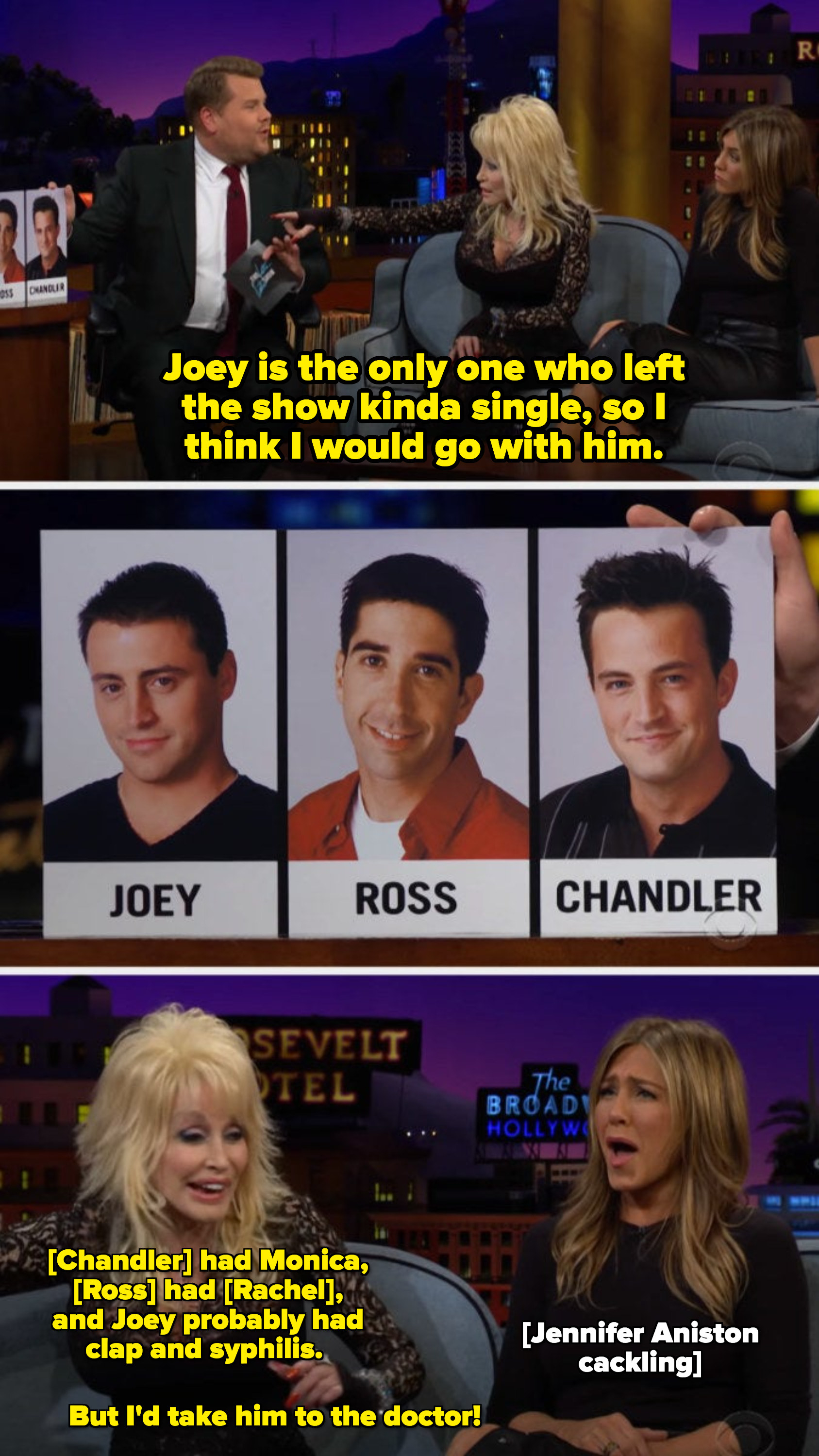 Dolly: &quot;[Chandler] had Monica, [Ross] had [Jennifer Aniston], and Joey probably had clap and syphilis&quot;