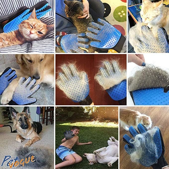  A collage of people using the de-shedding glove on dogs and cats.