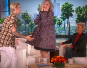 Diane Keaton screaming as Justin Bieber surprises her on The Ellen Show