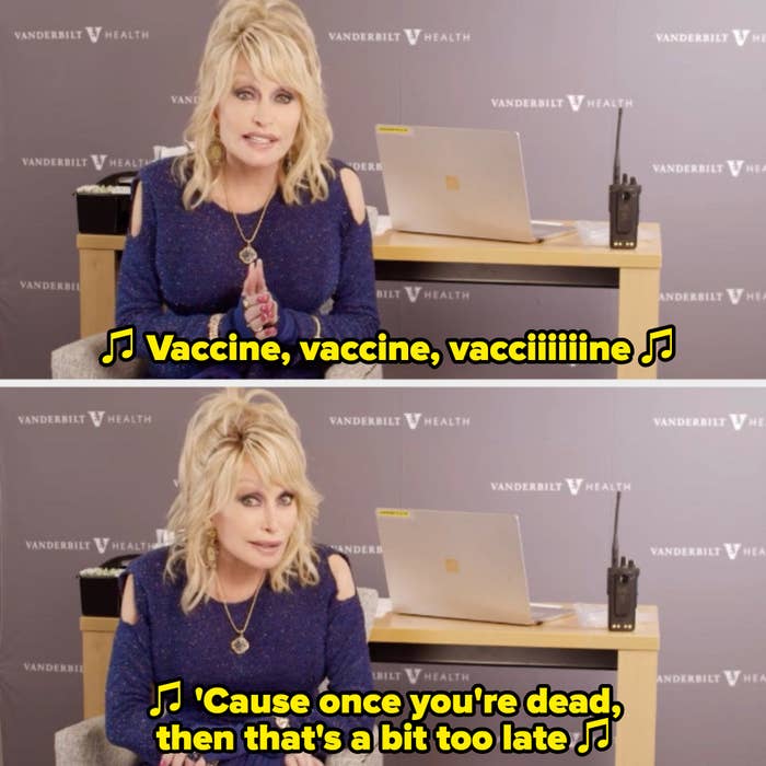 Dolly singing: &quot;Vaccine, vaccine, vaccine, vacciiiiiiine, &#x27;cuz once you&#x27;re dead, then that&#x27;s a bit too late&quot;
