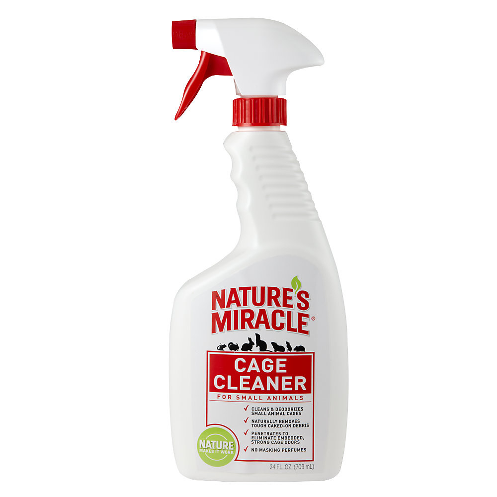 A red and white bottle of small animal cage cleaner