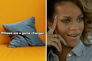 A side-by-side of a pillow and Rihanna looking happy