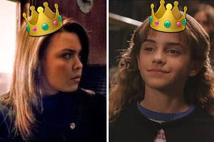 Pansy Parkinson looks off to the side angrily with a emoji crown on her head and Hermione Granger looks pleased with an emoji crown on her head.