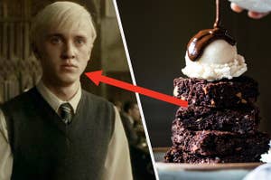 Tom Felton, wearing his Slytherin uniform, looking visibility upset and four brownie pieces piled onto top of each other with a scoop of vanilla ice cream on it drizzled with chocolate sauce.
