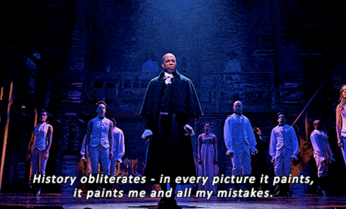 Burr singing "History obliterates — in every picture it paints, it paints me and all my mistkaes"