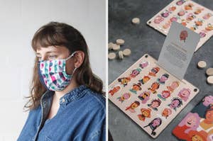 A person wearing a cloth face mask over their nose and mouth, A wooden board game called Guess Who