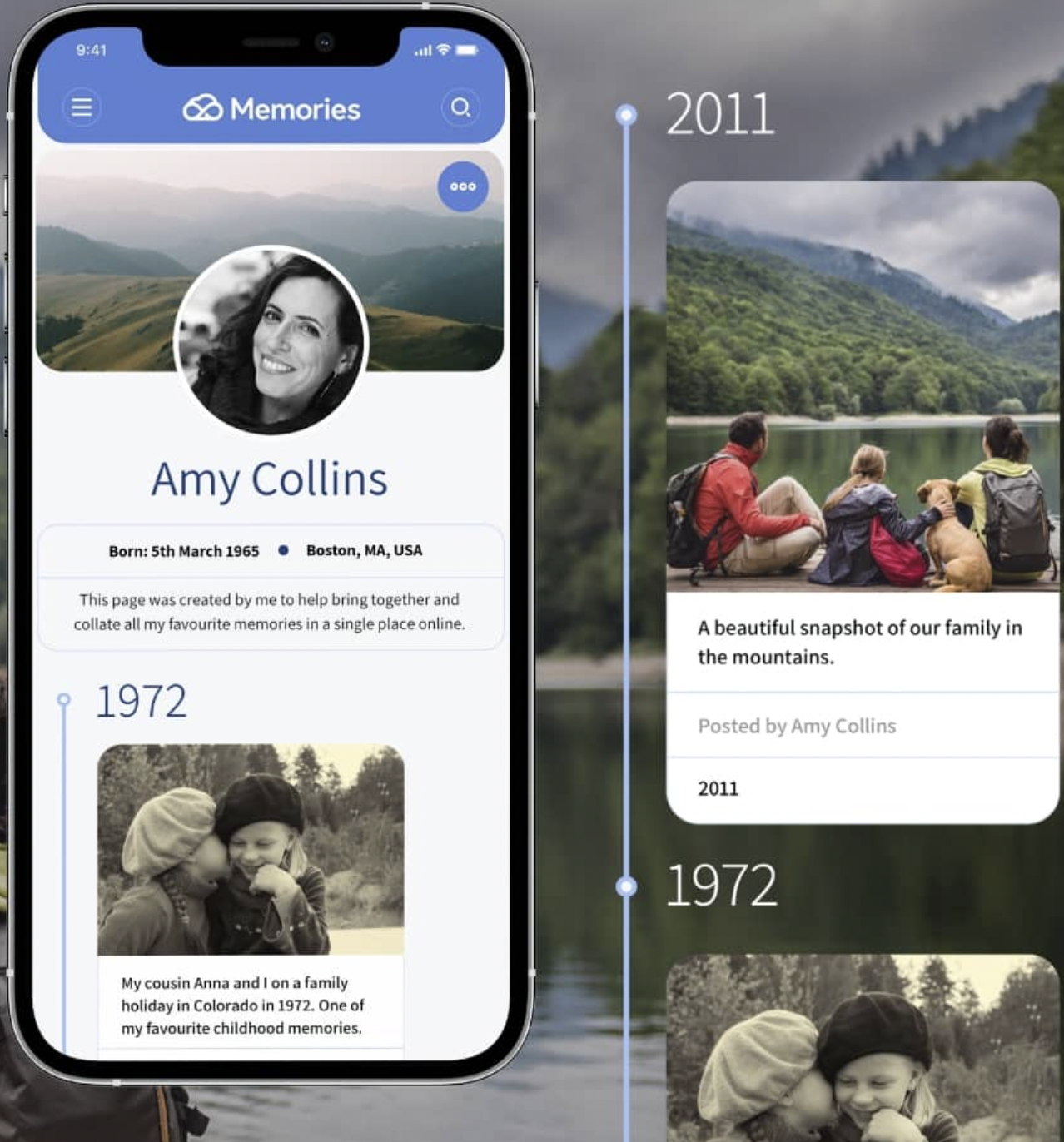 A smartphone showing a Memories app timeline of Amy Collins, and a memory from 1972.