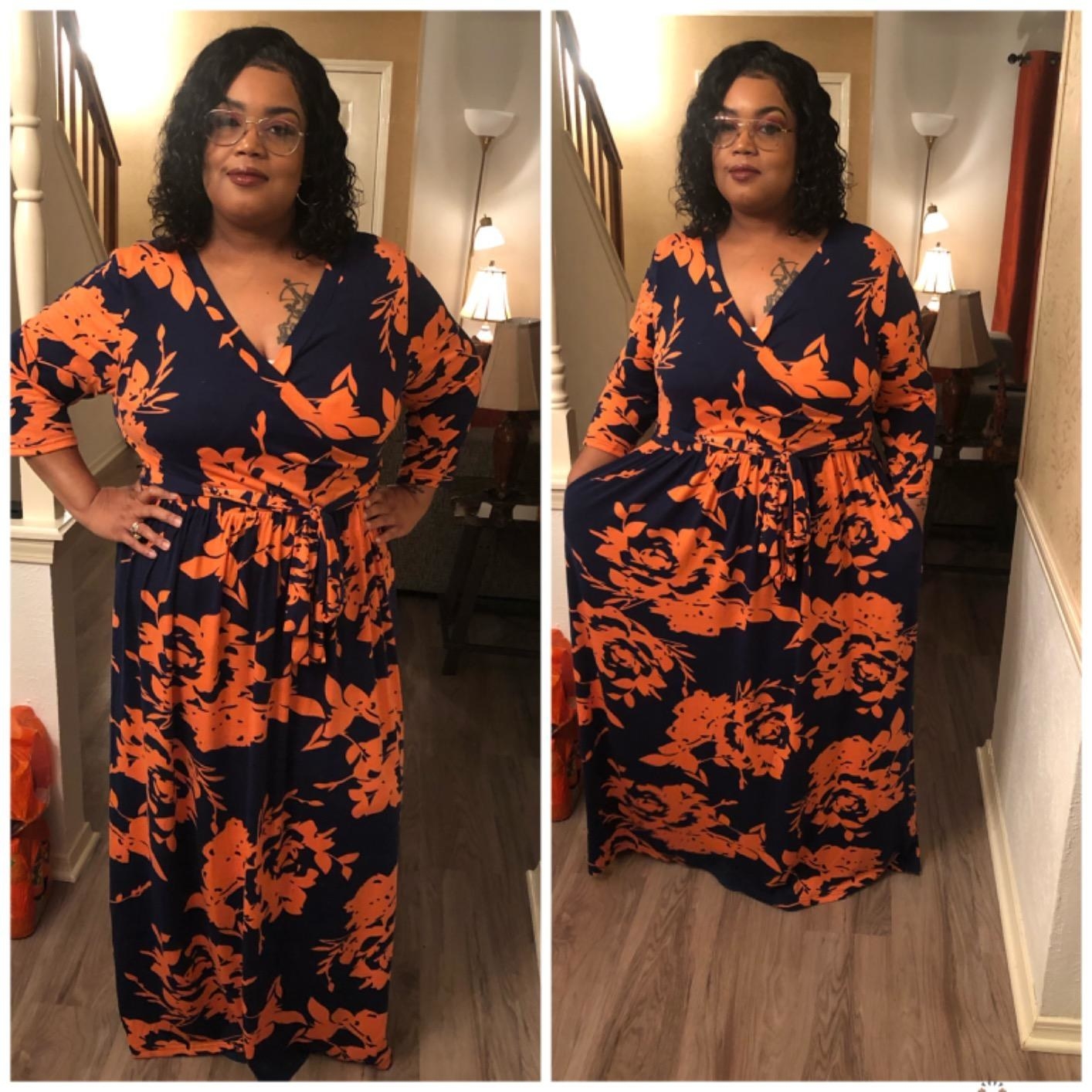 A reviewer photo of the dress in orange and black