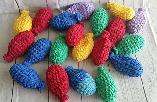 The crochet balloons in yellow, red, blue, green, and other colors