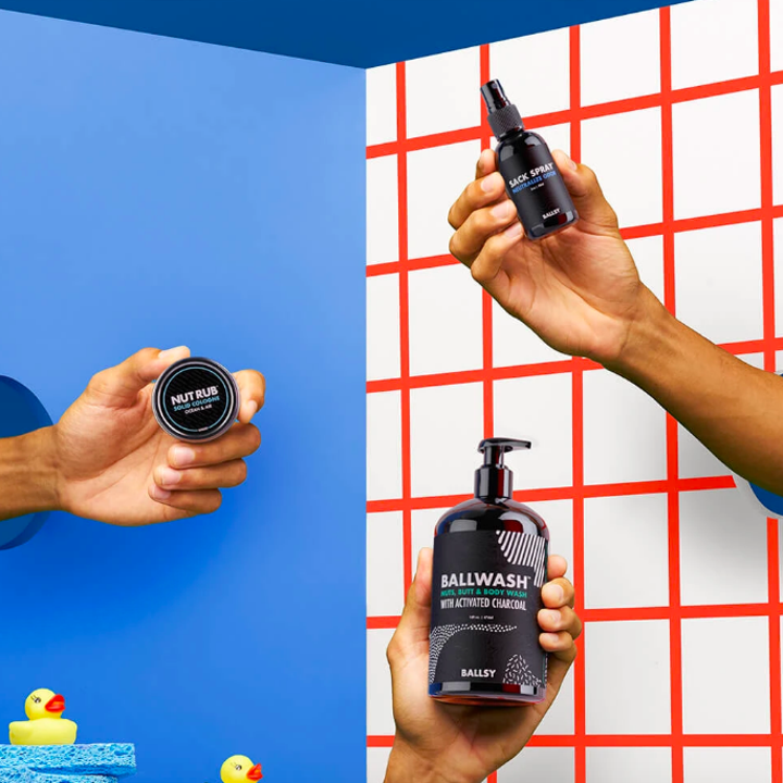 Three hands, each holding a different product from this set 