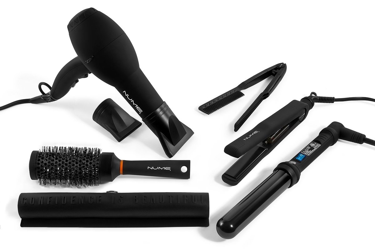 bundle with blow dryer, round brush, flat iron, and curling wand