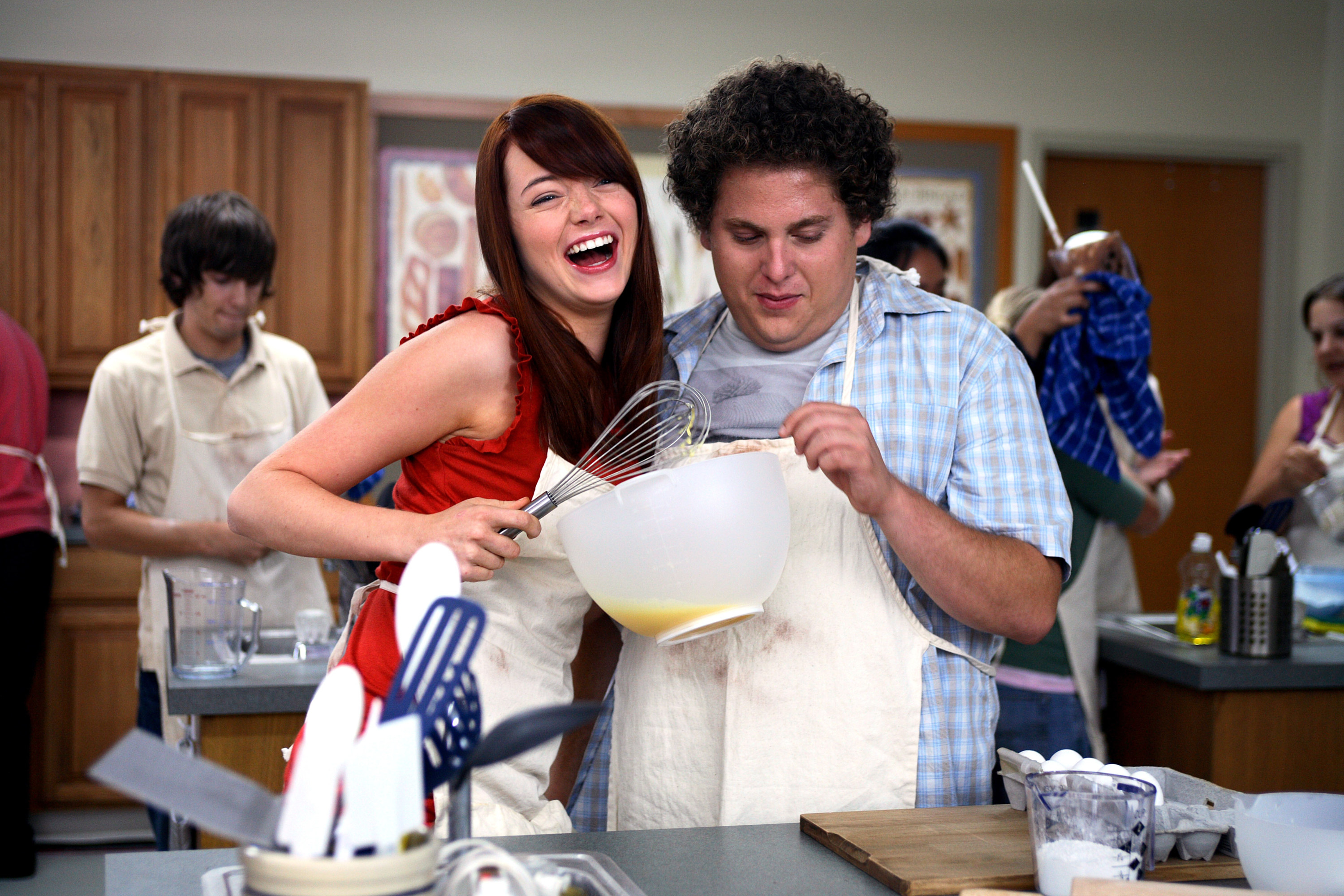 Emma Stone and Jonah Hill in home ec class