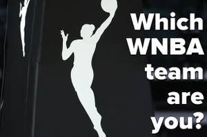 A logo of a woman shooting a basketball and the words "Which WNBA team are you?"