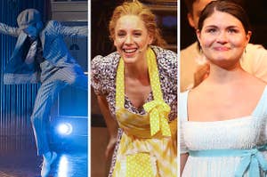 Three Broadway members are on stage performing in their costumes