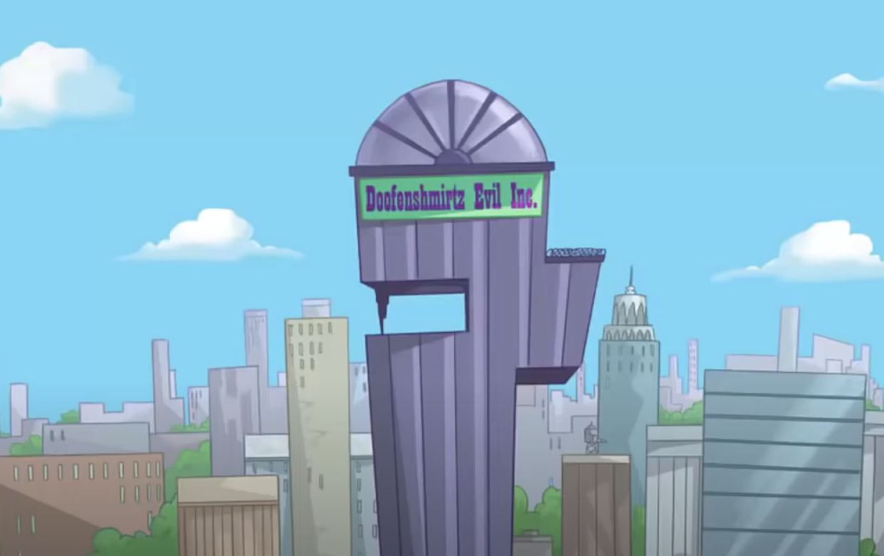 The exterior of the Doofenshmirtz Evil Inc building