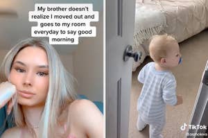 Girls little brother looking for her in her childhood bedroom, but she's gone to college