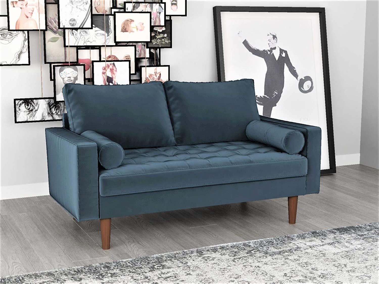 Blue love seat with tufted cushions 